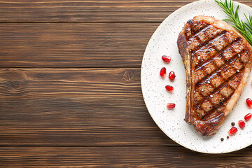 A delicious grilled steak is plated on a rustic wooden table with rosemary and pomegranate seeds.