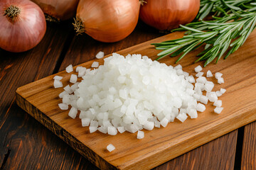 Diced white onion sits neatly on a wooden cutting board with rosemary and whole onions nearby.