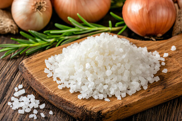 A heap of coarse sea salt sits on a wooden board next to fresh rosemary and whole onions.