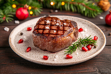 A perfectly cooked juicy steak is served on a festive plate garnished with Christmas decorations.