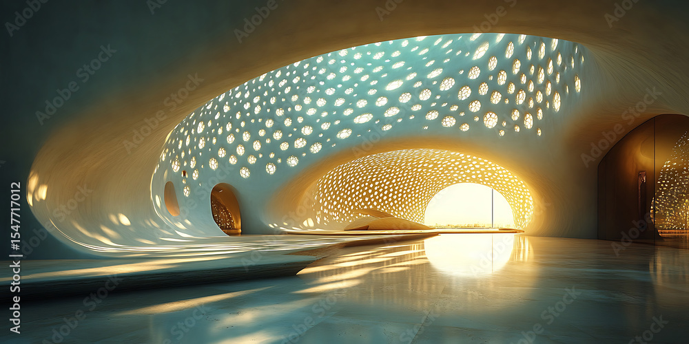 Poster futuristic architecture interior with sunlight and intricate geometric pattern creating shadow play 