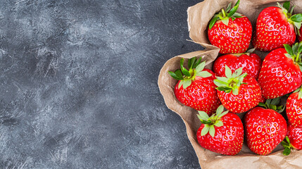 Freshly picked bright red strawberries sit arranged in a rustic brown paper bag against dark background.