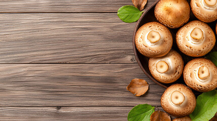 Overhead shot of fresh brown mushrooms arranged on rustic wooden surface with autumn leaves.