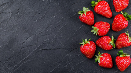 Fresh red strawberries are scattered across a dark slate surface creating a vibrant contrast.