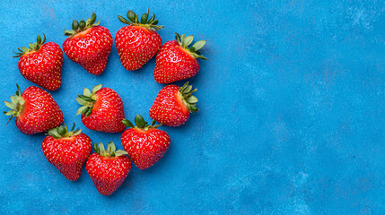 Fresh ripe strawberries are arranged in a circle on a textured blue background for copy space.