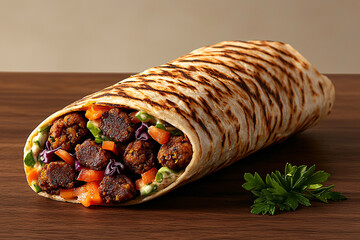 Delicious falafel wrap with fresh vegetables on wooden table presents a flavorful meal option.