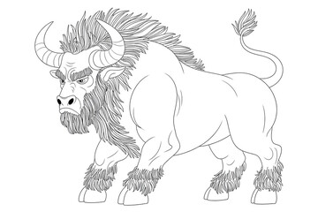 Angry bull, powerful stance, fierce expression.
