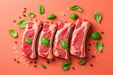 Four raw lamb chops are displayed with fresh basil leaves and peppercorns on a coral surface.