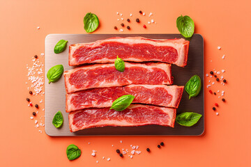Raw beef ribs arranged on a metal board with fresh basil leaves and spices on coral surface.