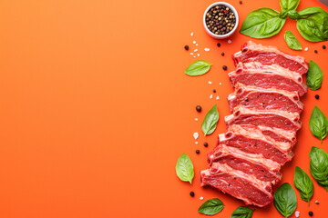 Raw beef ribs seasoned with herbs and spices are arranged on vibrant orange kitchen counter.