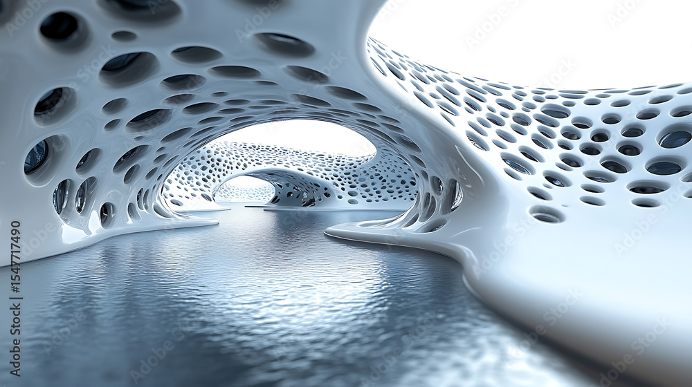 Poster futuristic architecture with white organic structure reflected on water surface background with abst