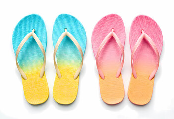 Two pairs of flip flops in different colors with a gradient effect on a white background studio shot