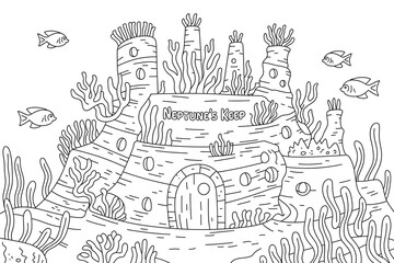 Underwater castle, coral reef, and fish. Oceanic dwelling.