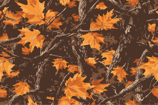 A camouflage pattern with an autumn color scheme, featuring leaves and branches for hunting. The background is made of camo fabric with tree foliage and orange fall leaf patterns.