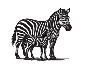 Obraz premium Mother zebra and baby foal standing side by side in a bold striped vector artwork. Strong family theme and wildlife presence.