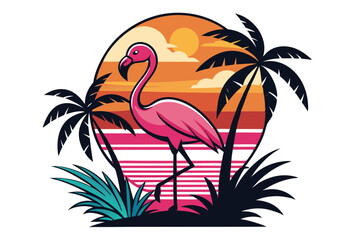 Flamingo and Summer Vibes T Shirt Vacation Style Palm Tree Tropical Beach Vector Illustration