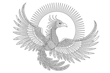 Obraz premium Phoenix bird, wings outstretched, in sunburst. 