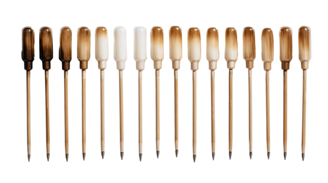 A collection of evenly arranged pens on a white isolated background.