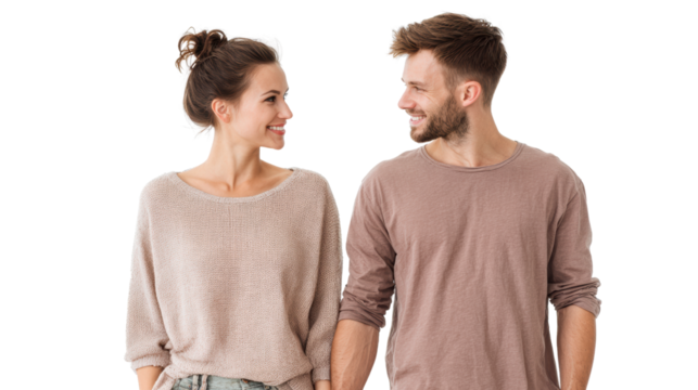 A couple smiling at each other while holding hands, dressed casually, isolated on white background.