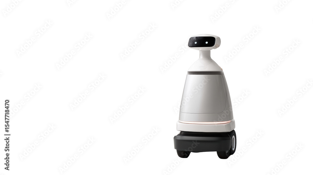 Poster a modern autonomous robot standing alone on a white isolate background.