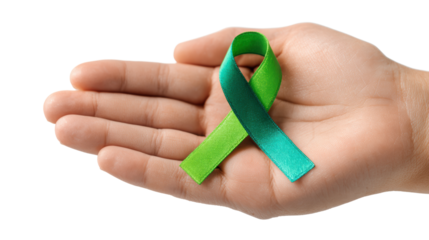 A hand holding a green and teal awareness ribbon on a white isolated background.
