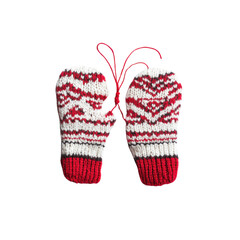 Pair of Red and White Knitted Mittens with String Ties