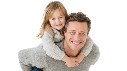 A happy father carrying his smiling daughter on his back, showcasing a joyful moment in family life.