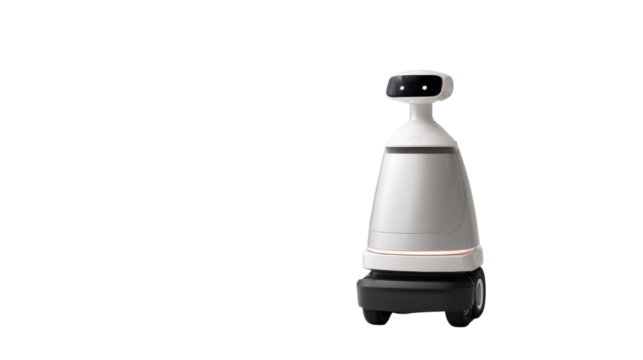 A modern autonomous robot standing alone on a white isolate background.