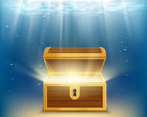 Blank treasure chest with glow inside, on the ocean floor. Vector illustration