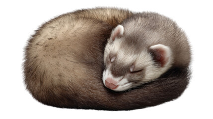 Fototapeta premium A sleeping ferret curled up, showcasing its soft fur and peaceful demeanor on a white isolated background.