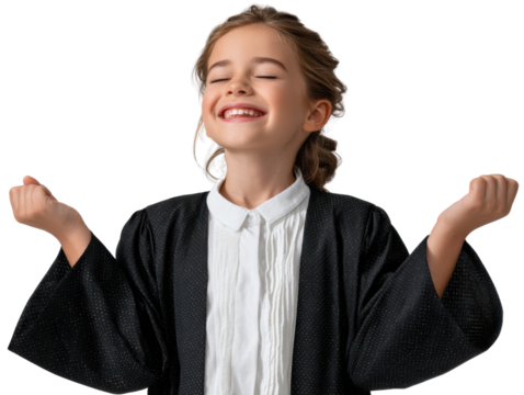 Dreamer's Glee: A joyful young girl beams with unbridled enthusiasm, her eyes closed, a testament to a moment of pure happiness. The image captures the simple, genuine elation of childhood. - Powered by Adobe