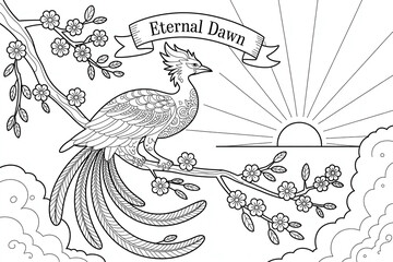 Mythical bird perched, eternal dawn, floral branches.
