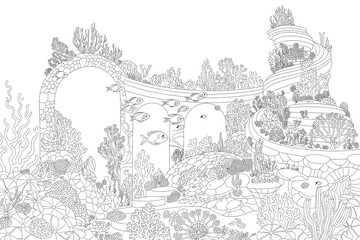 Underwater city, coral reefs, and fish, intricate design.
