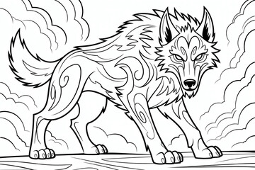 Tribal wolf, fierce and powerful, stands defiant.
