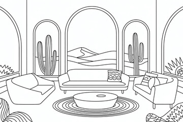 Desert-themed living room interior, minimalist design.
