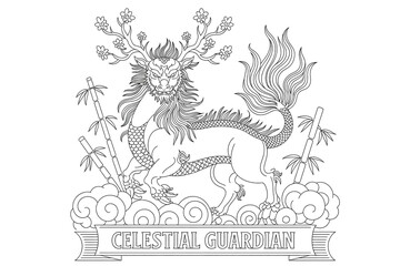 Mythical beast, celestial guardian, with floral antlers, dragon-like tail.
