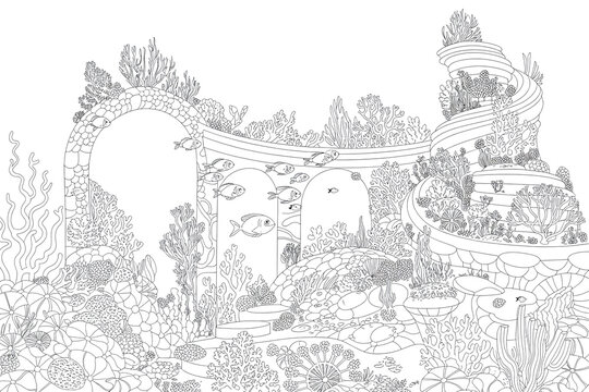 Underwater city, coral reefs, and fish, intricate design.
