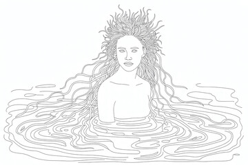 Woman with flowing hair, submerged in swirling water.
