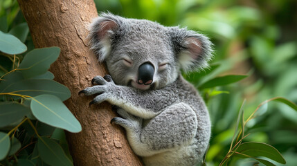 Obraz premium Sleeping Koala Hugging Tree in Lush Eucalyptus Forest