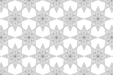 Geometric repeating pattern of intricate black lines on white.
