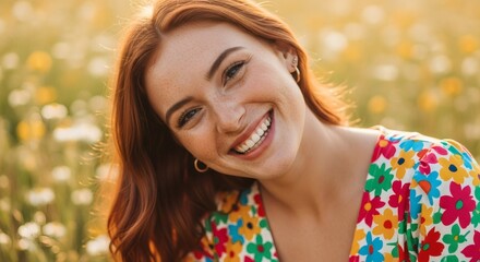 Fototapeta premium Portrait of a beautiful redhead woman smiling in a field of flowers in summer golden hour lighting