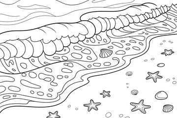 Ocean waves crashing on a sandy shore, detailed line art.
