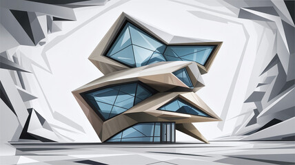 Futuristic, angular building in a white, abstract space.
