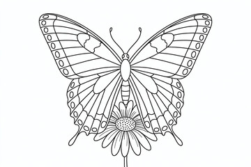 Detailed black and white butterfly with flower.

