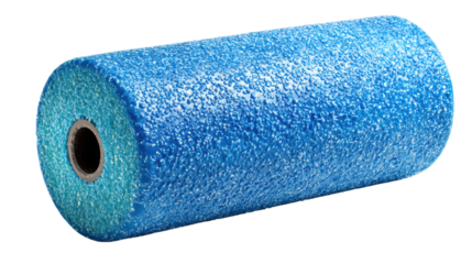 Blue foam roller, isolated on white background, used for fitness and muscle recovery.