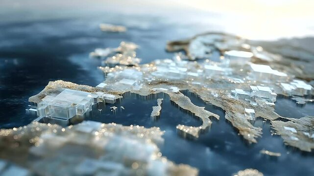 Hyperrealistic 3D Europe Map with Crystal Blocks Rising from Ocean_