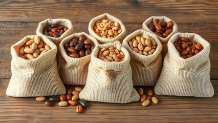 Fototapeta premium Colorful Legumes and Super Grains: Mung Beans, Red Beans, Black Beans, Soybeans & Nutritious Cereals