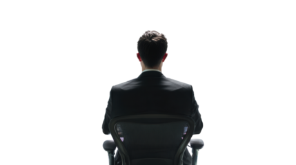 Businessman sitting in a chair, facing away, white isolate background.