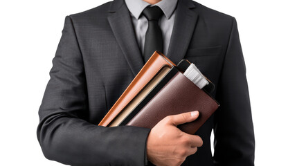 Businessman in a suit holding a folder and documents, isolated on white background.