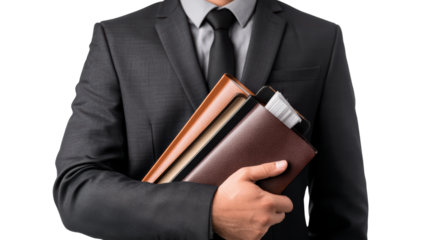Businessman in a suit holding a folder and documents, isolated on white background.
